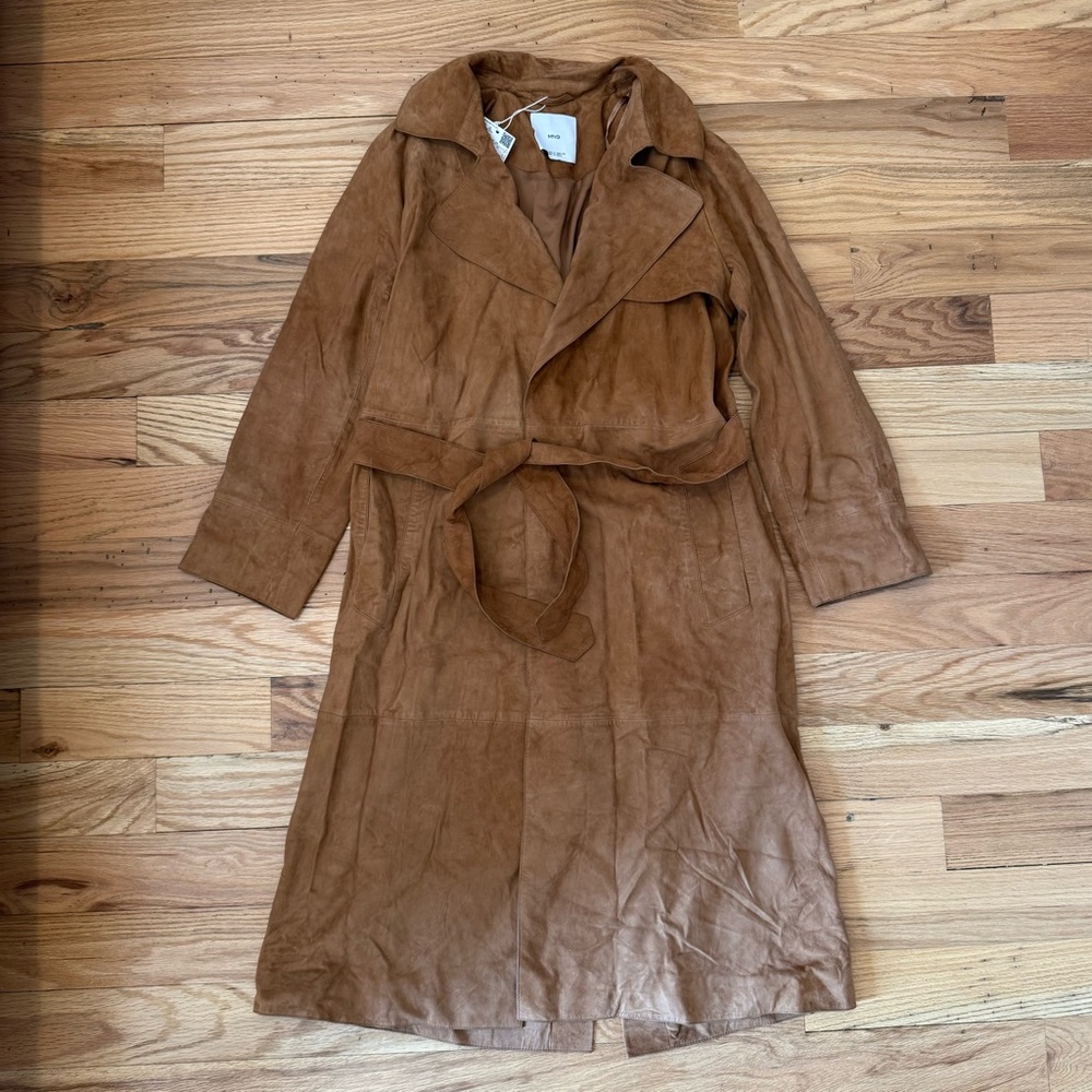 Mango 100% Leather Trench Coat in Medium Brown